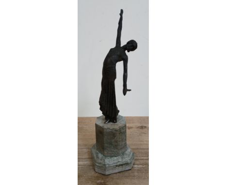 A modern Art Deco style bronze dancing girl after Chiparus, on stepped marble base, height 41cm.Condition - original finish l