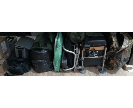 A collection of assorted fishing tackle and accessories including a box/seat and contents, waders, bags etc.