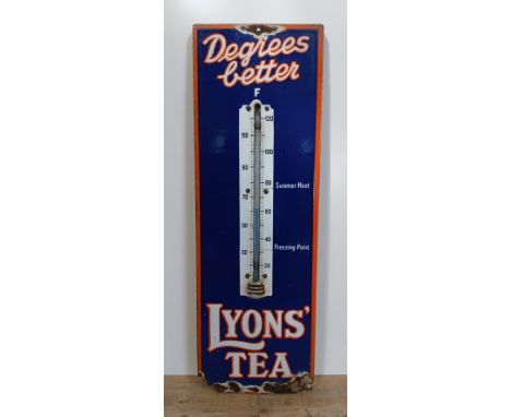A 'LYONS' TEA' enamelled thermometer sign, 19cm x 57cm.