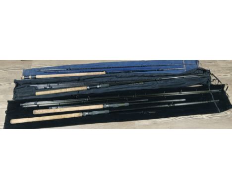A group of three Shakespeare graphite fishing rods comprising a six piece 5.4m Triplex Match, a four piece 3.9m to 4.5m Alban