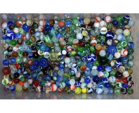A box of assorted mainly glass marbles, various designs and sizes.