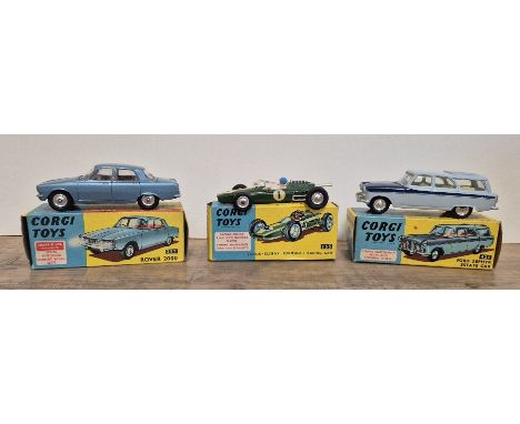 Three Corgi Toys diecast models comprising of a Ford Zephyr estate car 424, Rover 2000 252 and a Lotus-Climax formula 1 racin