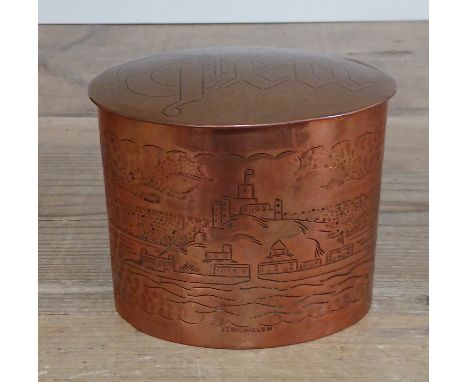 An Arts &amp; Crafts copper tea caddy by Herbert Dyer (1898-1974), engraved and hammered decoration depicting St Michael's Mo