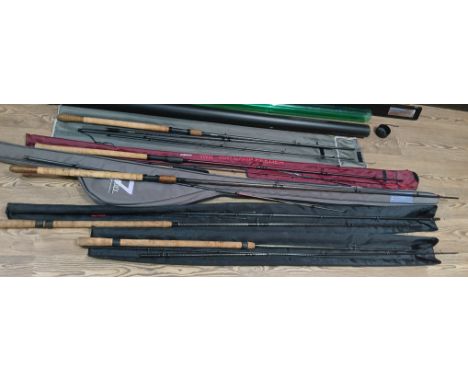A group of five Drennan graphite fishing rods comprising IM8 Specimen Float, IM8 Super Feeder, Series 7 Puddle Chucker, Red R