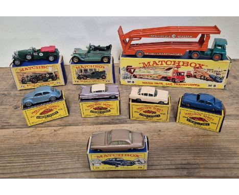 A group of Eight Matchbox diecast models comprising of a major pack car transporter M-8, Rolls-Royce Silver Ghost Y-15, 1929 