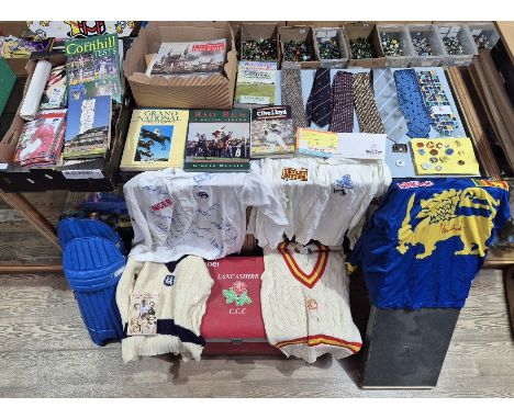 A Neil Fairbrother Lancashire cricket coffin containing assorted cricket memorabilia to include a pair of Ian Austin blue pad