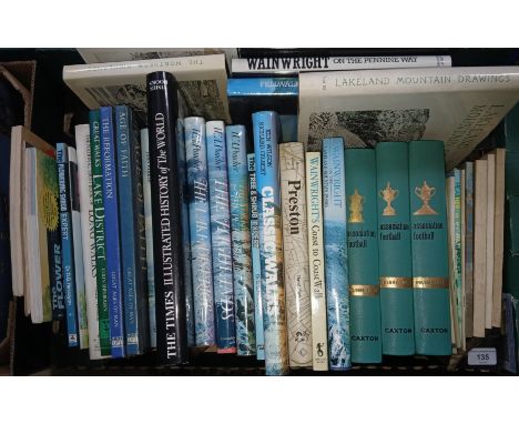 A box of assorted books comprising mainly Wainwright, walking and Preston and surrounding villages local history, together wi