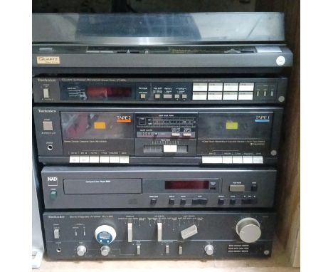 Assorted HiFi separates comprising Technics SL-QX200 turntable, STZ55L tuner, RSD550-W side by side tape cassette, SUV-303 am