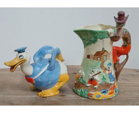Two pieces of Wadeheath nursery ware pottery comprising a Three Little Pigs jug, height 26cm, and a Donald Duck teapot, lengt