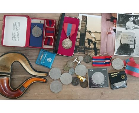 A box of assorted collectables including an Imperial Service medal awarded to Louise Ann Hawkins, other medals, coins and a m