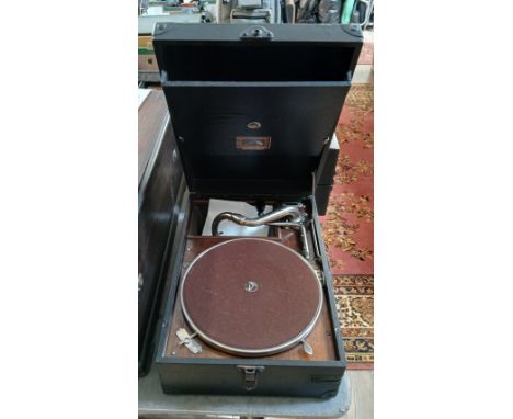 A HMV portable gramophone, model 101 (1928-29), together with a box of gramophone records/78s.