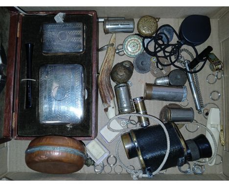 A box of assorted collectables including an EPNS smoker's set, whistles, coin holders, monocular etc.