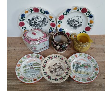 A tray of assorted 19th century pottery comprising a New Hall tea caddy, a Staffordshire canary yellow jug, another jug and f