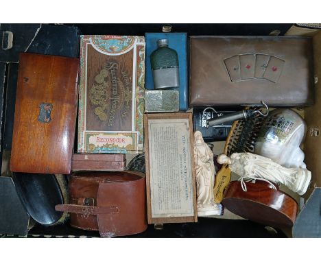 A box of assorted collectables including vintage brushes, medical instrument box (no contents), etc.