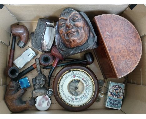 A box of assorted collectables including vintage briar pipes, a tobacco jar, a carved Black Forest bear, barometer etc.