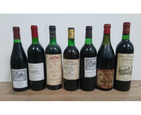 Seven bottles of red wine comprising; 1987 Fortnum &amp; Mason Claret, 1986 Minervois, 1985 Chateau St Didier-Parnac Cahors, 