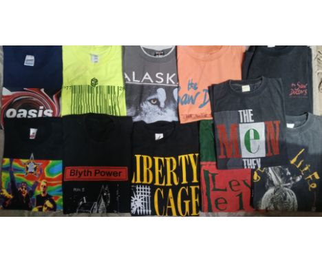 A box of eleven music band T-shirts, circa 1990s, comprising Oasis, Stiff Little Fingers, Alaska, The Saw Doctors, U2, Blyth 