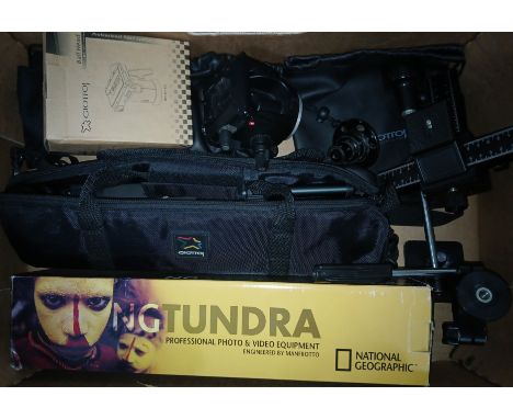 A box of camera tripods and accessories comprising a Giottos GB1060, Giottos MH7001-621 ball head, a National Geographic Tund
