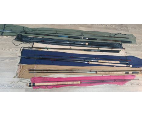 A group of six assorted graphite fishing rods comprising Leeda 8000 Match, Leeda 9000 Match, Airflow Classic coarse,  Avanti 