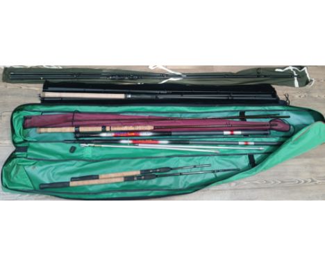A group of four assorted fishing rods comprising a two piece Big Fish 2 1/2, a five piece 5.4m Shakespeare Excel Match, a thr