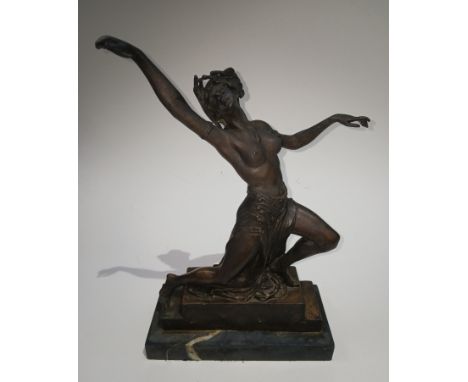 A modern Art Deco style bronze modelled as a semi-nude female dancer, unmarked, marble;e base, height 39cm.Condition - origin