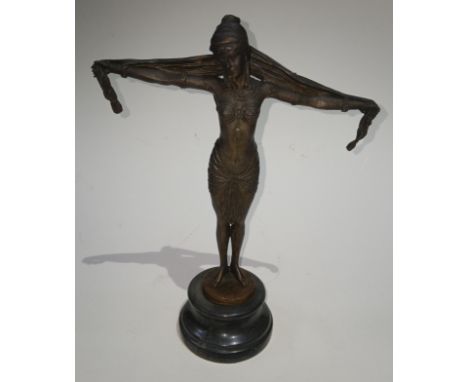 After Demetre Chiparus (1887-1945), a modern Art Deco bronze depicting a girl stood with arms out stretched, bearing signatur