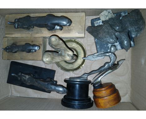 A box of assorted car mascots including three Jaguar etc.
