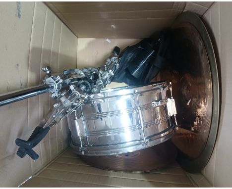 A part drum kit comprising a Performance Percussion snare drum and stand, a Zildjian hi hat with stand, an AAX Metal ride cym