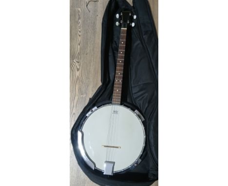 A Bowwood 4-string banjo with soft case.