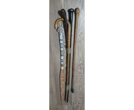 Three walking sticks, a riding crop and an african club.