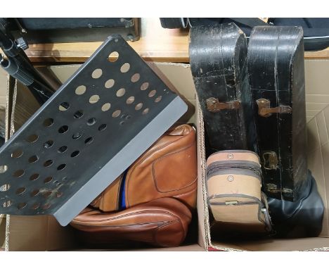 Two boxes containing a Lark violin, two antique violin cases, a soft double bass case, two soft cello cases, mic and music st
