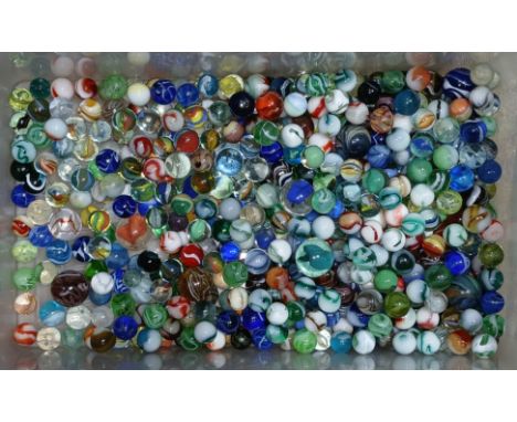 A box of assorted mainly glass marbles, various designs and sizes.
