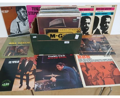 A box of around 70 Jazz vinyl albums to include Buddy Rich, Duke Ellington, Louis Armstrong, Modern Jazz Quartet, Ramsey Lewi