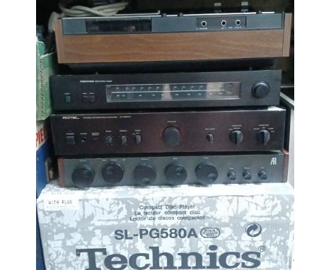 Assorted HiFi separates comprising a Technics SL-PG580A, an Acoustic Research stereo amplifier, a Rotel RA-0930AX stereo inte