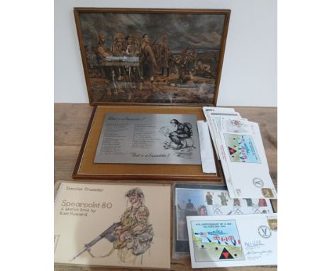A D-Day anniversary FDC signed by AKF Walker and KP SMith OBE, other mlilitary FDCs, print, engraved picture and book of illu