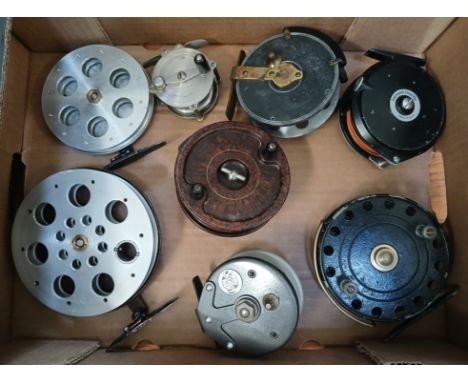 A box containing eight assorted vintage fly fishing reels, comprising strike right, Intrepid Gearfly, Wiles OSprey, Seminole 