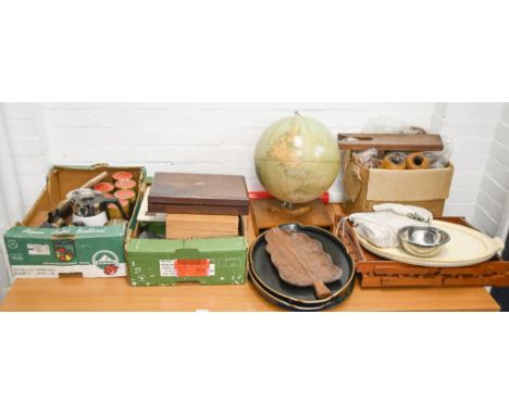 A terrestrial globe, tin plate, papier mache and other teatrays and miscellaneous other wood and metalware, etc 