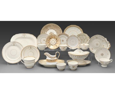 Miscellaneous English gilt porcelain tea and dinner ware, c1800-1820, to include a Spode old oval cream jug, a Chamberlain Wo