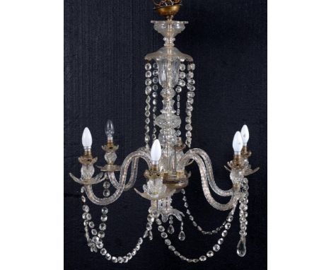 A cut and moulded glass six-branch chandelier,&nbsp;first half 20th c, with hanging glass pendants, 90 x 72cm  One branch wit