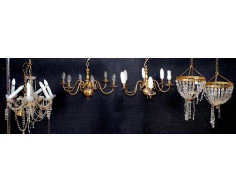 Miscellaneous light fittings, including a pair of six branch brass chandeliers, a pair of giltmetal mounted cut glass bag-sty