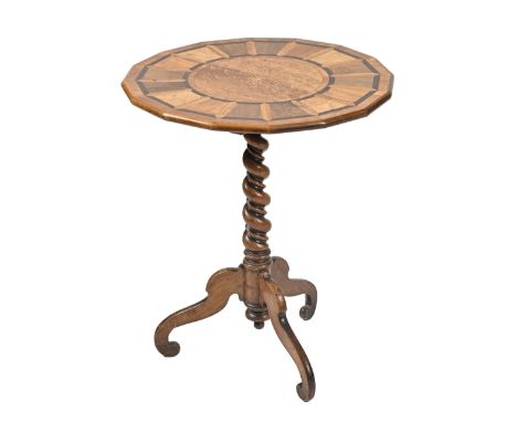 A Victorian specimen wood and inlaid rosewood tripod table, the sixteen sided geometric patterned top with mother of pearl ce