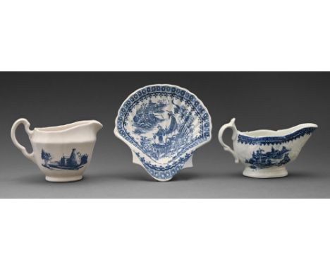 A Caughley butter shell and cream boat, c1779-99, transfer printed in underglaze blue with the Fisherman pattern, cream boat 