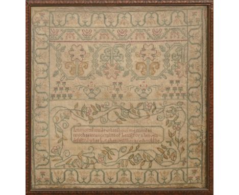 A George III linen sampler, Mary McCulloch, 1763, worked with flowers and verse, 33 x 31cm  The edges frayed, some small hole