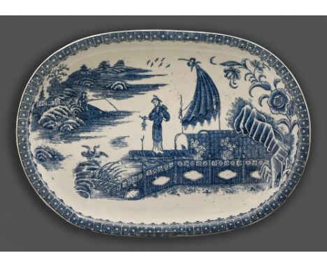 A Caughley dish,&nbsp;c1779-99, transfer printed in underglaze blue with the Fisherman pattern,24.5cm l, impressed Salopian  