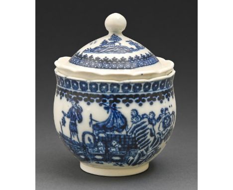 A Caughley artichoke cup and cover, c1779-99, transfer printed in underglaze blue with the Fisherman pattern, 85mm h, collect