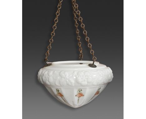 A white moulded glass light shade, early 20th c, decorated with roses, 25cm diam and a wrythen fluted glass celery vase, earl