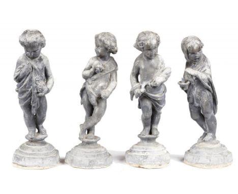 Garden ornaments. A set of four lead figures of the infant seasons, mid 20th c, on octagonal base, 62cm hDamage to lead at ba