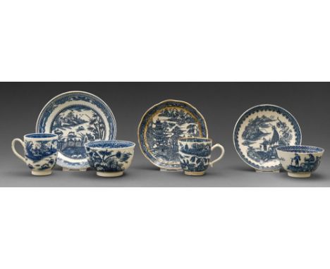 A Caughley trio, tea bowl and saucer and coffee cup and saucer, c1782-92, the patterns comprising Fence and House, Pagoda and