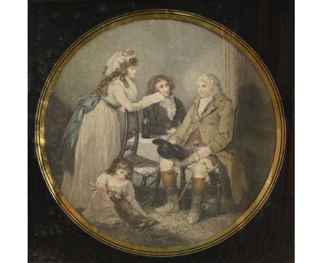 English School, late 18th c - Genre Scenes, pair, s.l., s.n., n.d., stipple engravings printed in colour, circle, 30.5cm diam