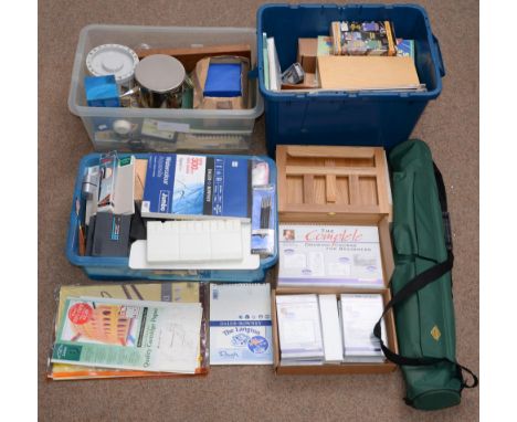 A Daler-Rowney artist's hardwood folding easel, carry case and artist's equipment, including paints, pads and brushes 